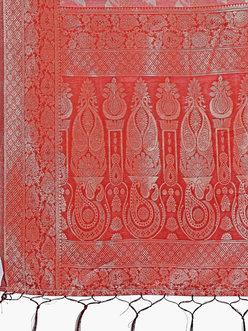 red color woven cotton saree with blouse