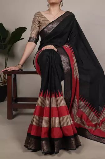 Poly cotton printed saree with royal zari weaving border