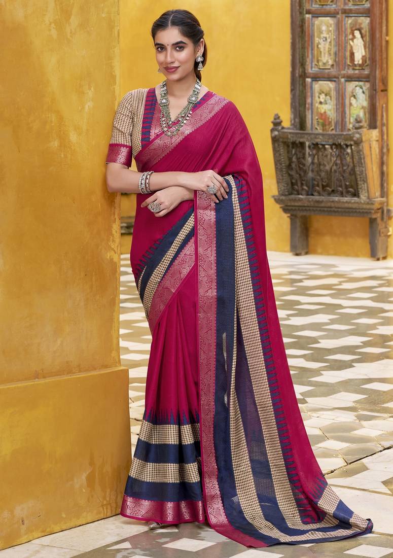 Poly cotton printed saree with royal zari weaving border