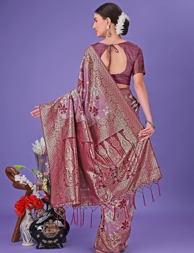 purple color woven cotton saree with blouse