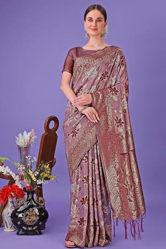 maroon color woven cotton saree with blouse