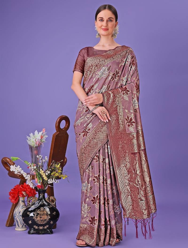 maroon color woven cotton saree with blouse