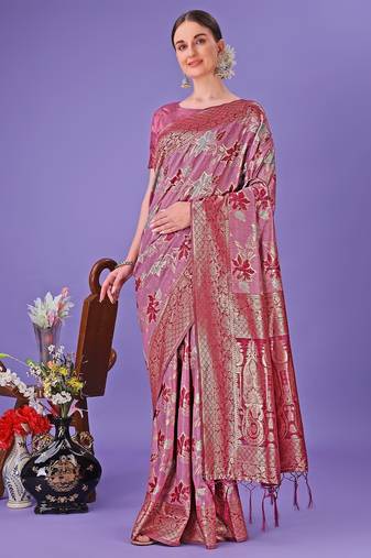 pink color woven cotton saree with blouse
