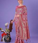 pink color woven cotton saree with blouse