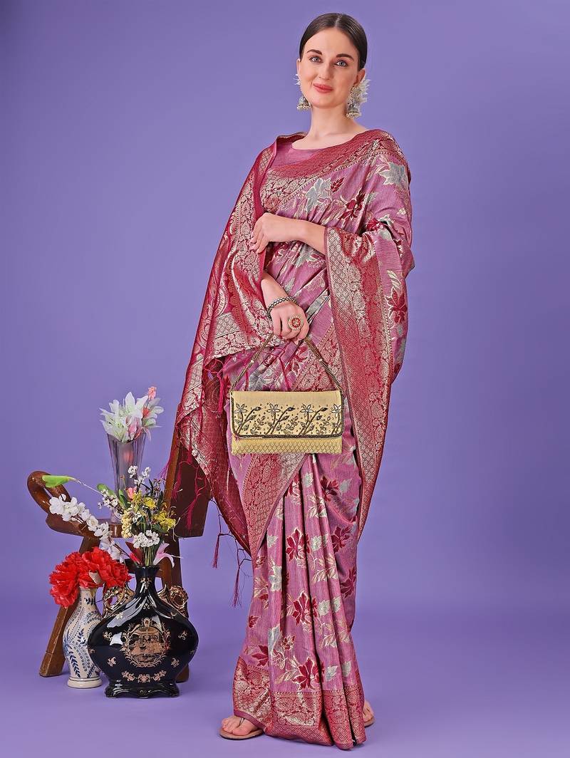 pink color woven cotton saree with blouse