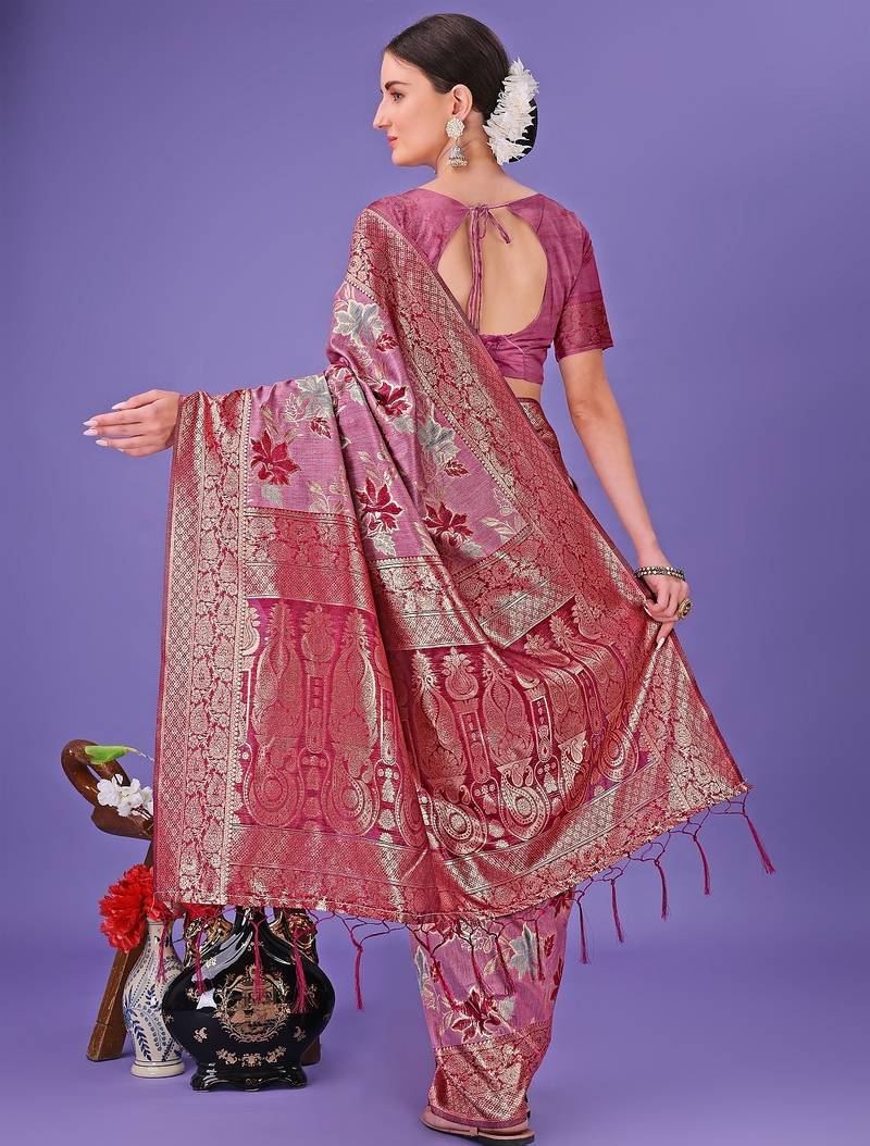 pink color woven cotton saree with blouse
