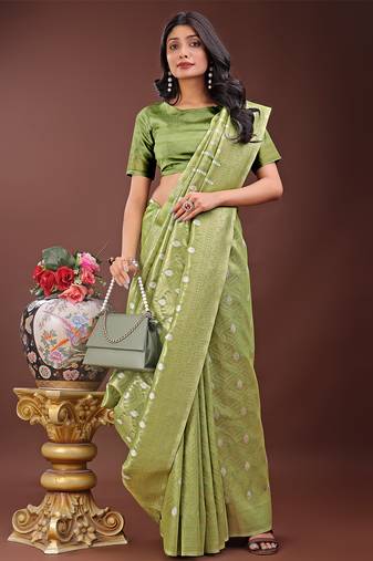 green color woven work cotton saree with blouse