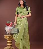 green color woven work cotton saree with blouse