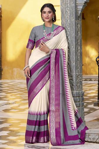 Poly cotton printed saree with royal zari weaving border