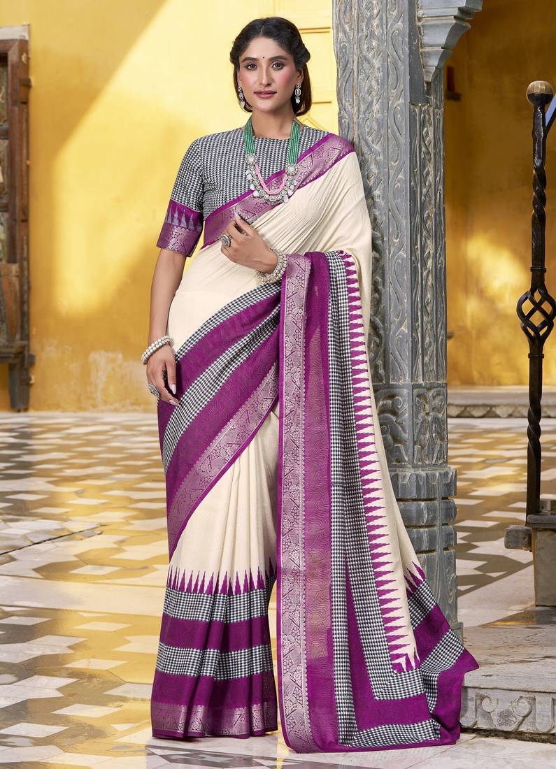 Poly cotton printed saree with royal zari weaving border