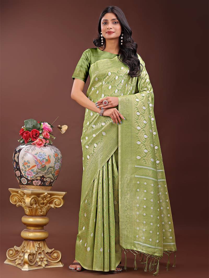 green color woven work cotton saree with blouse