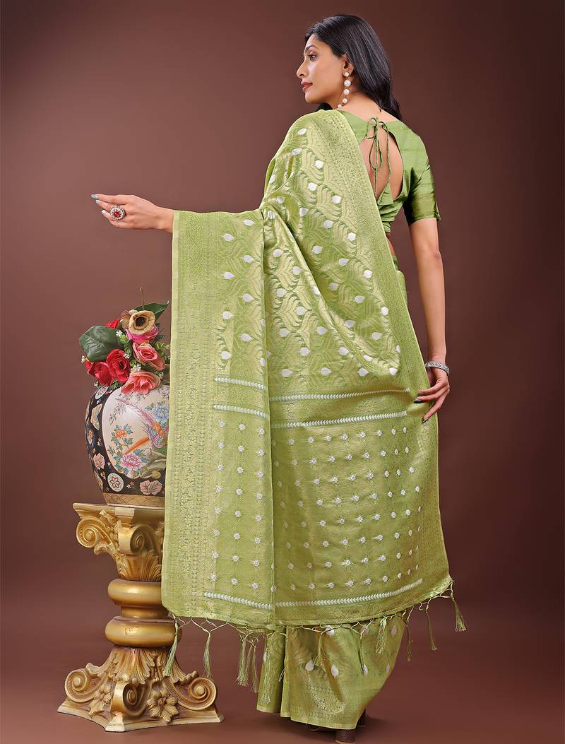 green color woven work cotton saree with blouse