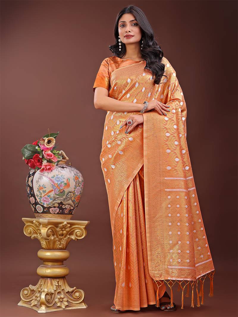 Orange color woven work cotton saree with blouse