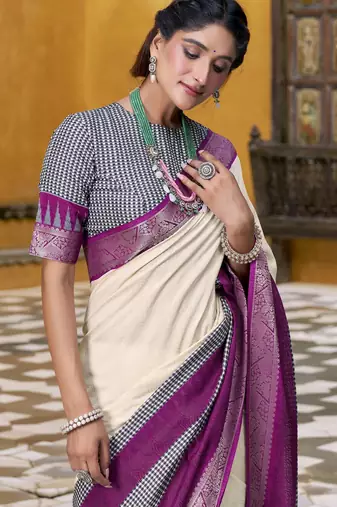 Poly cotton printed saree with royal zari weaving border