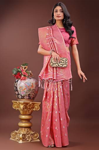 pink color woven work cotton saree with blouse