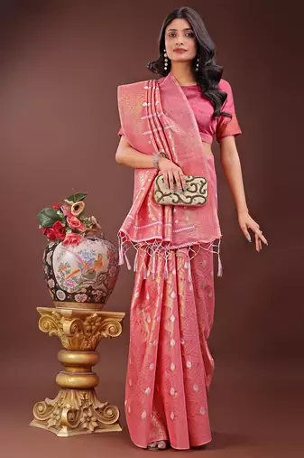 pink color woven work cotton saree with blouse