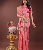 pink color woven work cotton saree with blouse