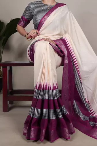 Poly cotton printed saree with royal zari weaving border