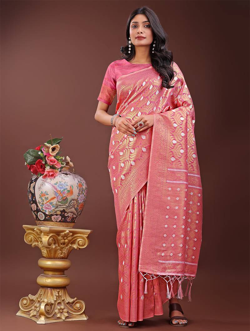 pink color woven work cotton saree with blouse