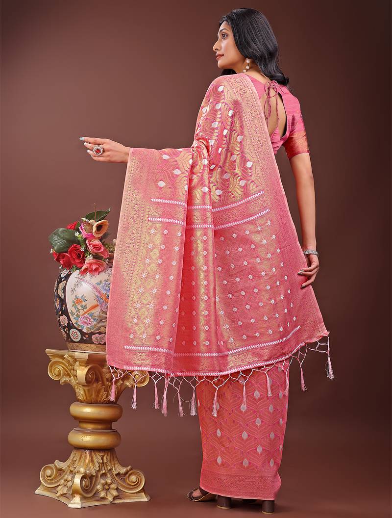 pink color woven work cotton saree with blouse