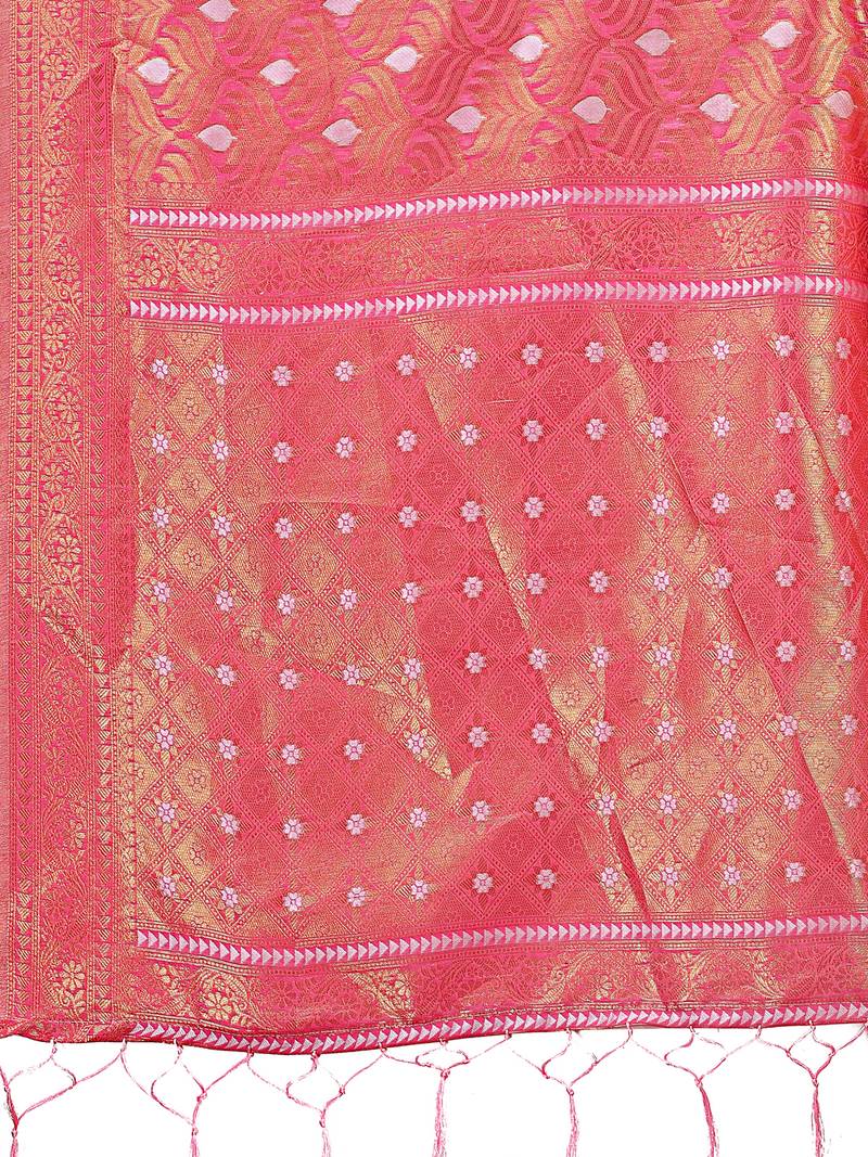pink color woven work cotton saree with blouse