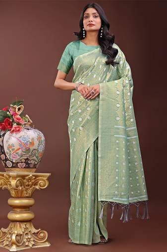 teal color woven work cotton saree with blouse