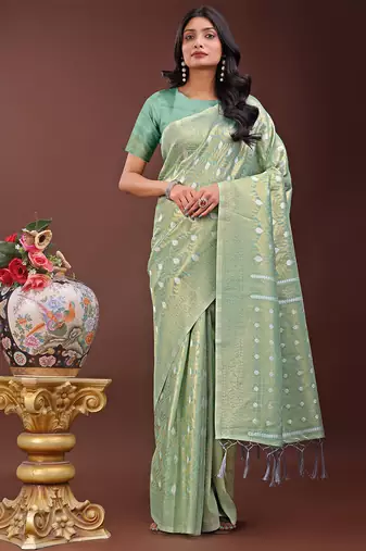 teal color woven work cotton saree with blouse