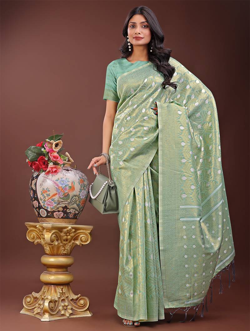 teal color woven work cotton saree with blouse