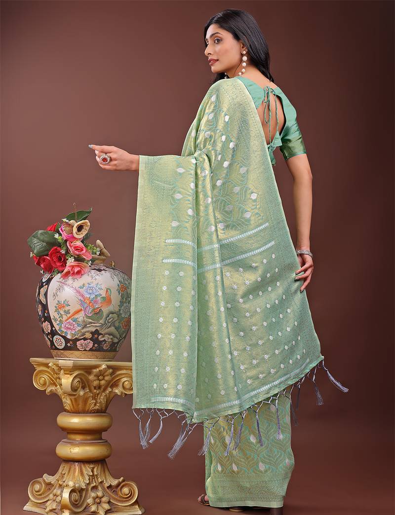 teal color woven work cotton saree with blouse