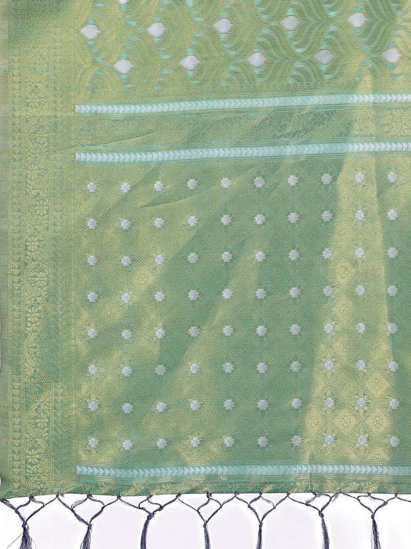 teal color woven work cotton saree with blouse