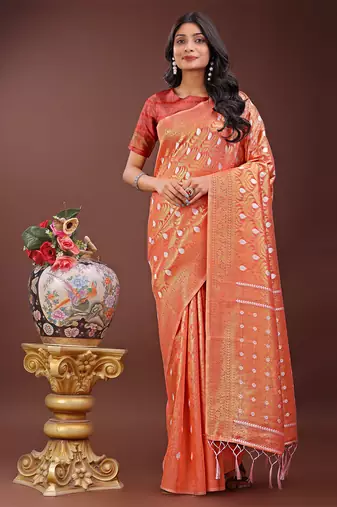 orange color woven work cotton saree with blouse