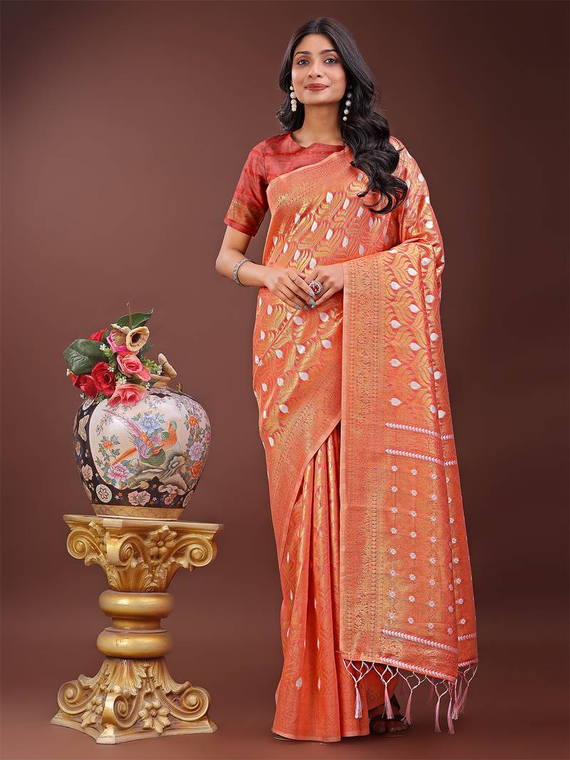 orange color woven work cotton saree with blouse