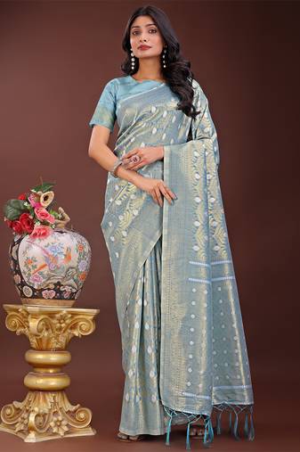 sky blue color woven work cotton saree with blouse