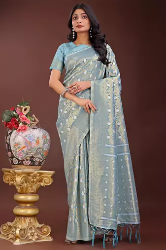 sky blue color woven work cotton saree with blouse