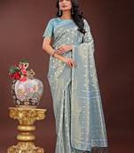 sky blue color woven work cotton saree with blouse