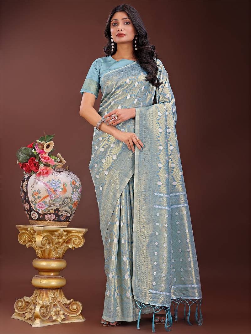 sky blue color woven work cotton saree with blouse