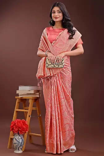 peach color woven work cotton saree with blouse