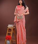 peach color woven work cotton saree with blouse