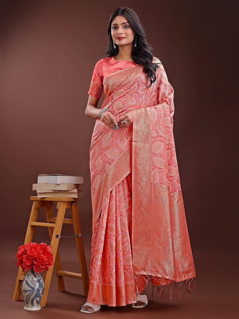 peach color woven work cotton saree with blouse
