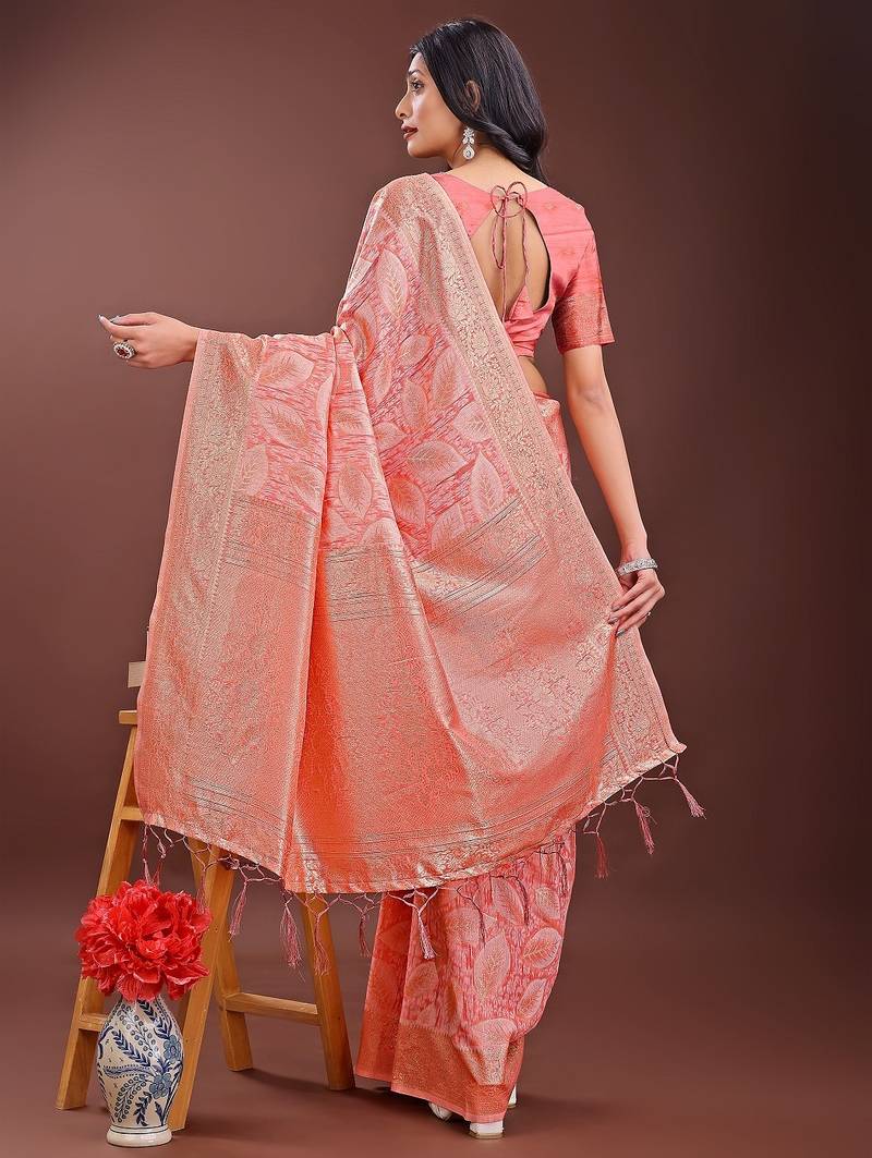peach color woven work cotton saree with blouse