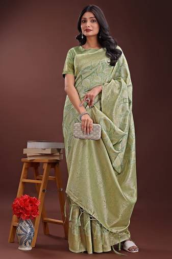 light green color woven work cotton saree with blouse