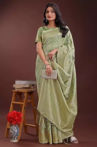 light green color woven work cotton saree with blouse