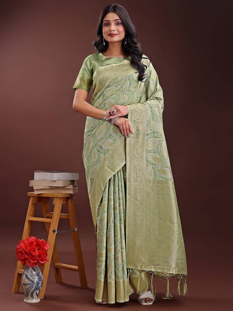 light green color woven work cotton saree with blouse