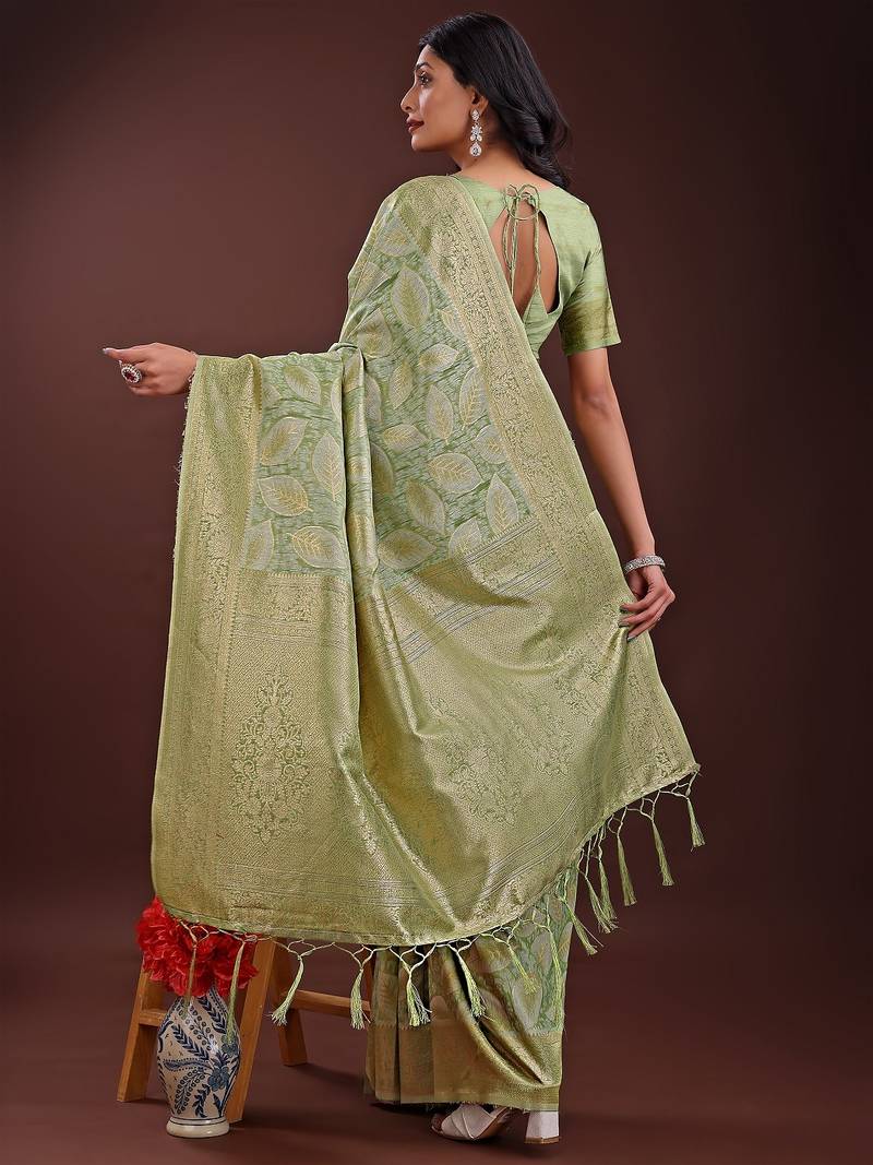 light green color woven work cotton saree with blouse
