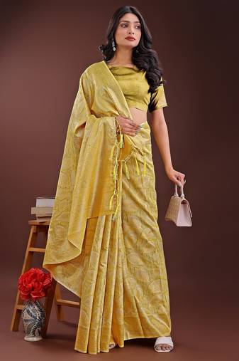 yellow color woven work cotton saree with blouse