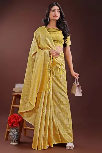 yellow color woven work cotton saree with blouse