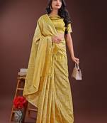 yellow color woven work cotton saree with blouse