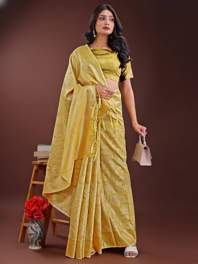 yellow color woven work cotton saree with blouse