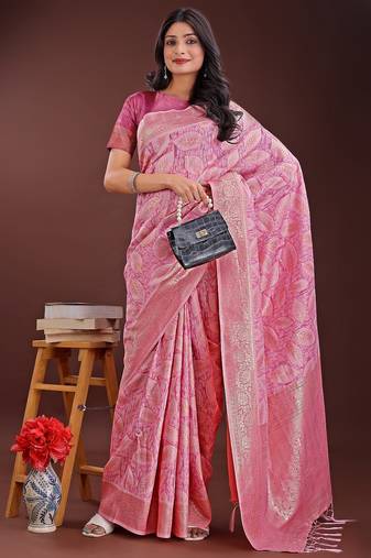 pink color woven work cotton saree with blouse
