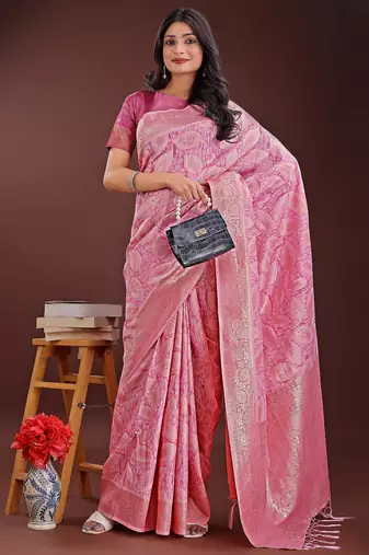 pink color woven work cotton saree with blouse